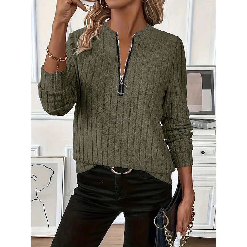 Ribbed Zip-Neck Top Women's Long Sleeve Quarter-Zip Pullover – Casual, Office, Gift