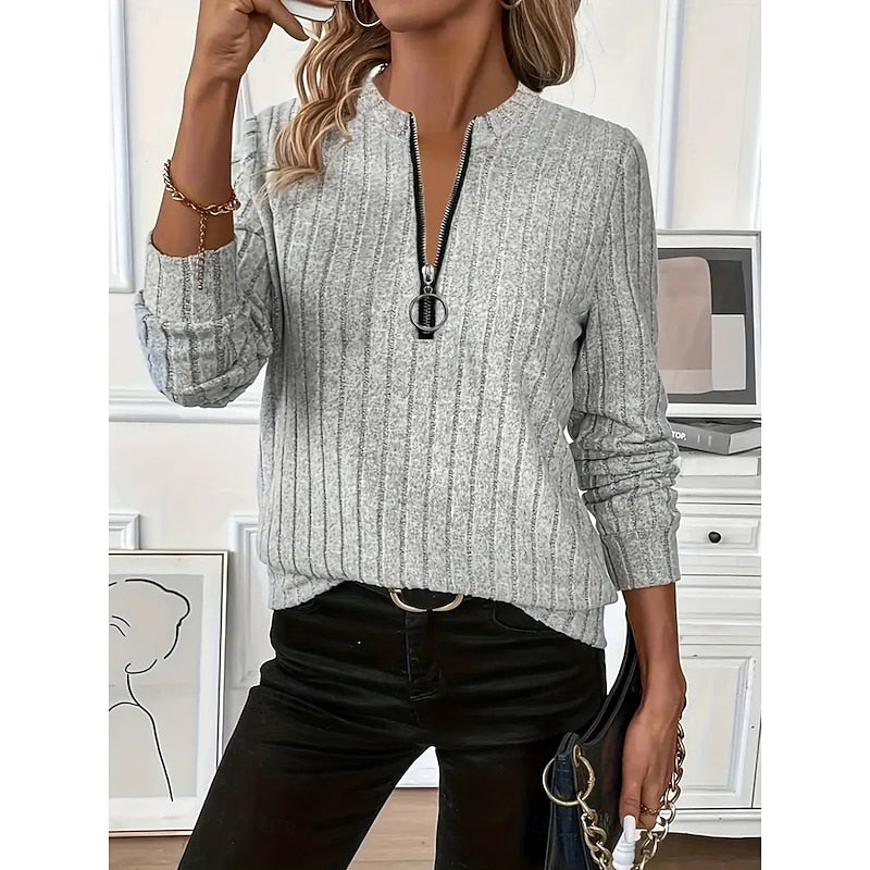 Ribbed Zip-Neck Top Women's Long Sleeve Quarter-Zip Pullover – Casual, Office · Faylori