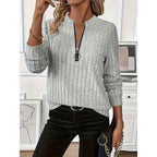 Ribbed Zip-Neck Top Women's Long Sleeve Quarter-Zip Pullover – Casual, Office · Faylori