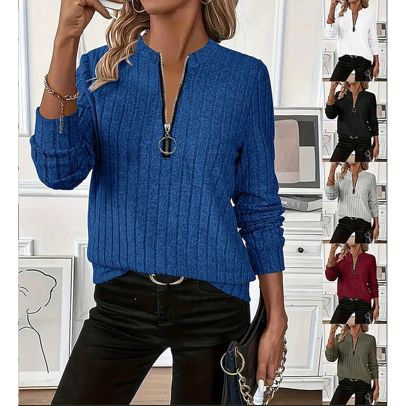 Ribbed Zip-Neck Top Women's Long Sleeve Quarter-Zip Pullover – Casual, Office · Faylori