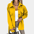 Shacket Women's Long Yellow Button-Up Jacket with Collar and Flap Pockets – Casual, Office, Holiday, Gift