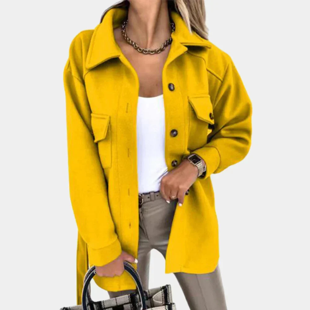Shacket Women's Long Yellow Button-Up Jacket with Collar and Flap Pockets – Casual, Office, Holiday, Gift