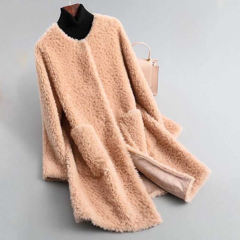 Shearling Coat Beige Wool Teddy Fur Women's Long Jacket – Casual, Office, Winter, Gift