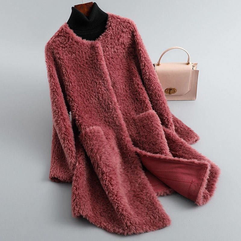 Shearling Coat Beige Wool Teddy Fur Women's Long Jacket – Casual, Office, Winter, Gift