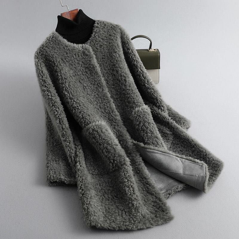 Shearling Coat Beige Wool Teddy Fur Women's Long Jacket – Casual, Office, Winter, Gift