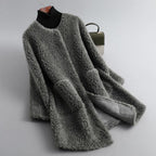 Shearling Coat Beige Wool Teddy Fur Women's Long Jacket – Casual, Office, Winter, Gift