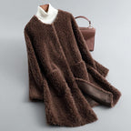 Shearling Coat Beige Wool Teddy Fur Women's Long Jacket – Casual, Office, Winter, Gift
