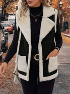 Sherpa Fleece Vest Women's Faux Suede Lapel Sleeveless Jacket with Pockets – Casual, Winter Layering