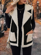 Sherpa Fleece Vest Women's Faux Suede Lapel Sleeveless Jacket with Pockets – Casual, Winter Layering