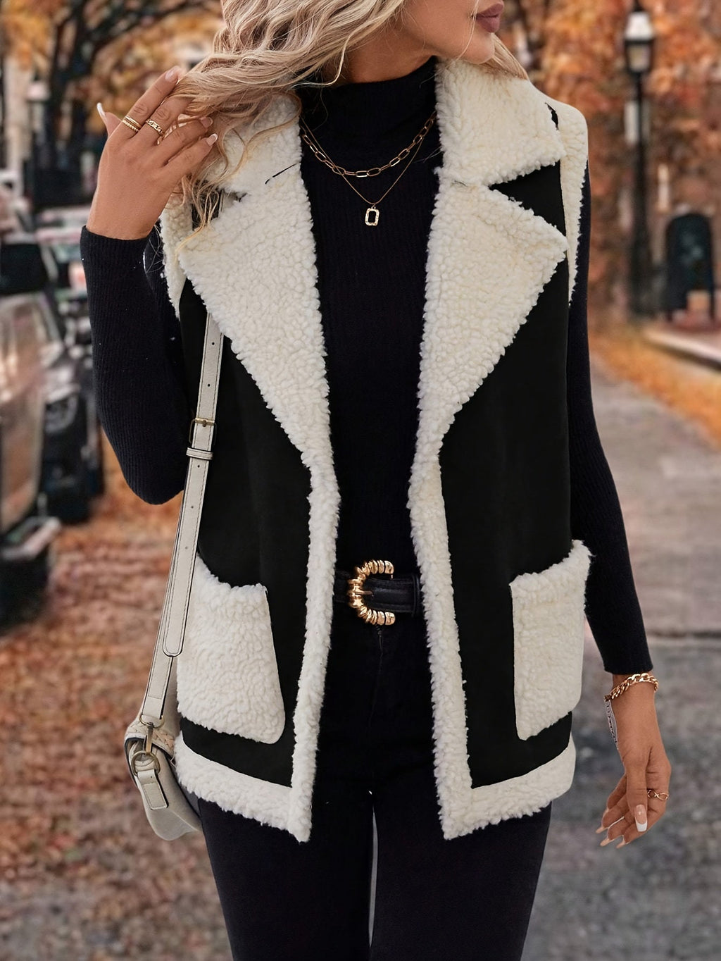 Sherpa Fleece Vest Women's Faux Suede Lapel Sleeveless Jacket with Pockets – Casual, Winter Layering
