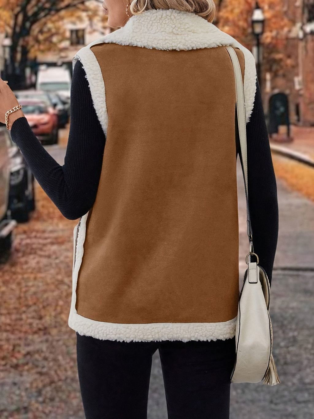 Sherpa Fleece Vest Women's Faux Suede Lapel Sleeveless Jacket with Pockets – Casual, Winter Layering