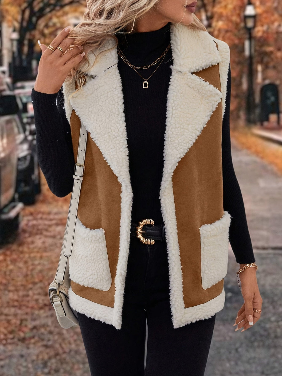 Sherpa Fleece Vest Women's Faux Suede Lapel Sleeveless Jacket with Pockets – Casual, Winter Layering