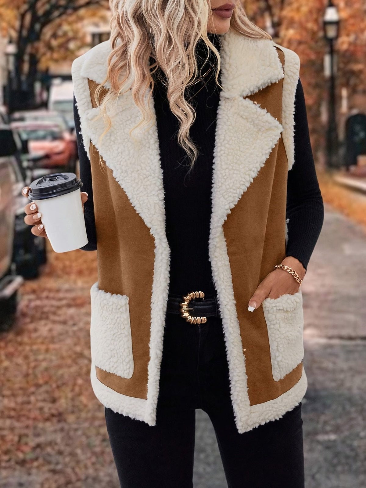 Sherpa Fleece Vest Women's Faux Suede Lapel Sleeveless Jacket with Pockets – Casual, Winter Layering