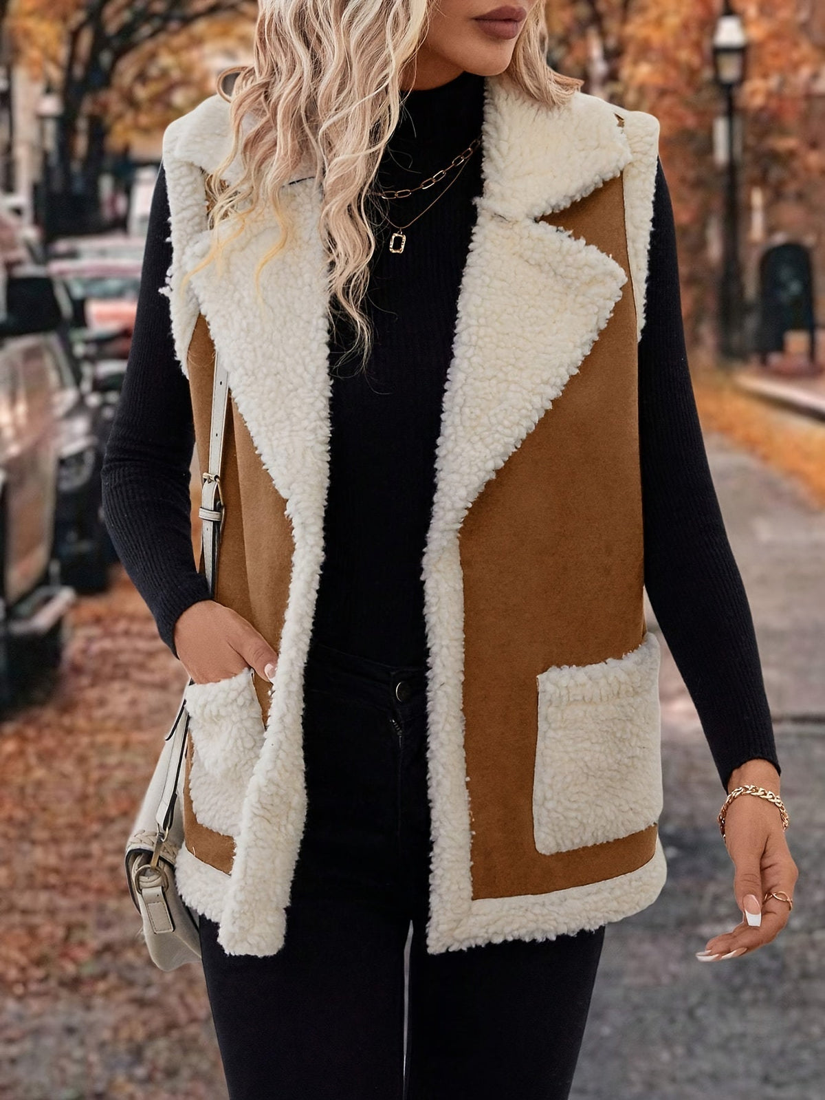 Sherpa Fleece Vest Women's Faux Suede Lapel Sleeveless Jacket with Pockets – Casual, Winter Layering