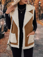 Sherpa Fleece Vest Women's Faux Suede Lapel Sleeveless Jacket with Pockets – Casual, Winter Layering
