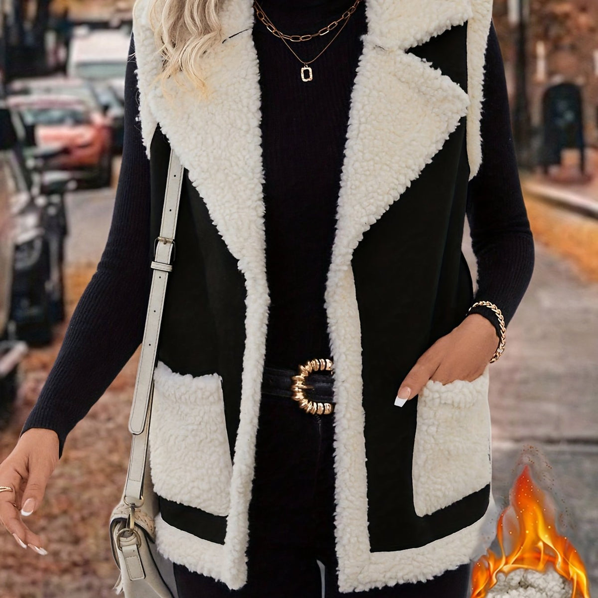 Sherpa Fleece Vest Women's Faux Suede Lapel Sleeveless Jacket with Pockets – Casual, Winter Layering
