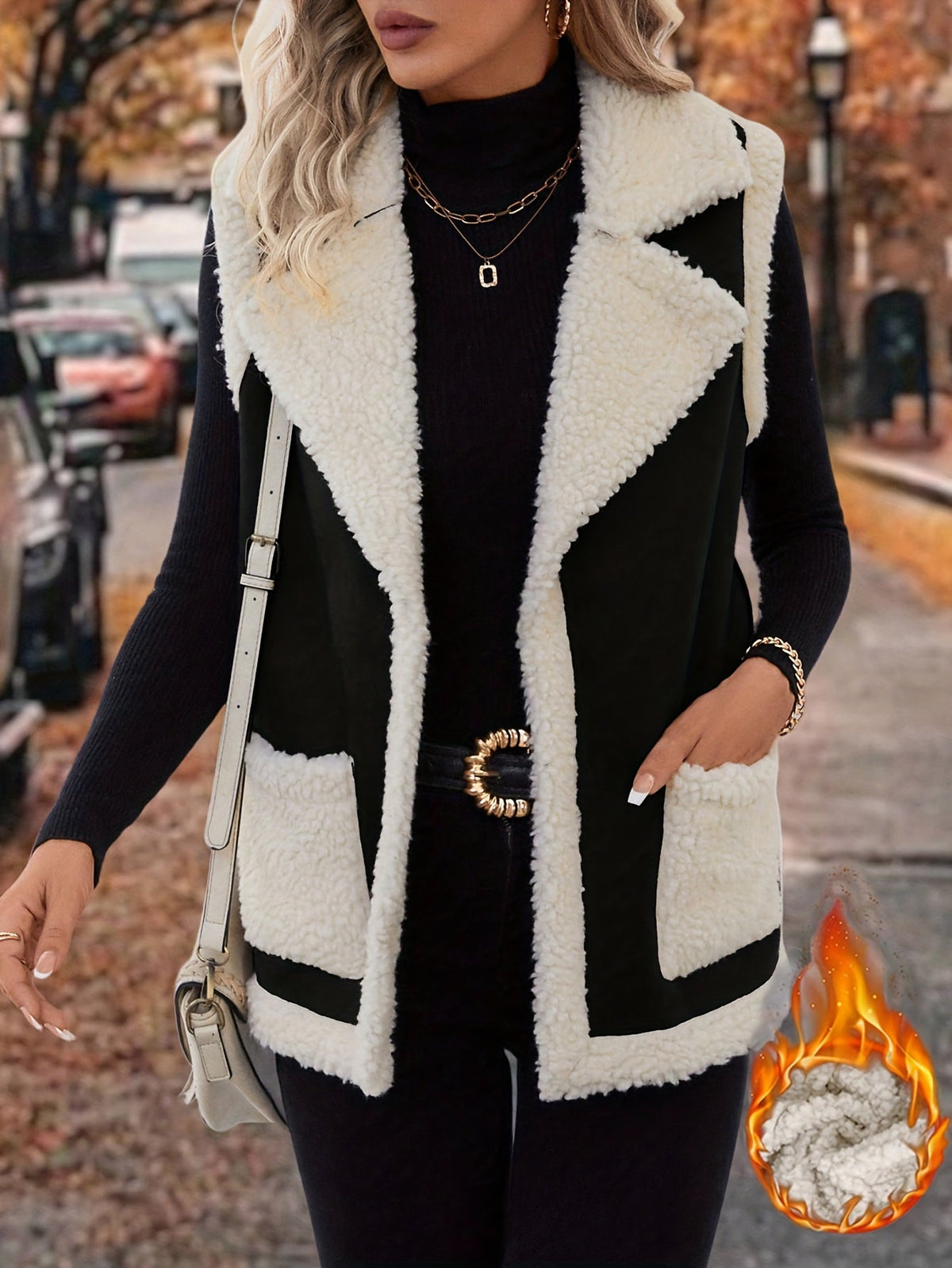 Sherpa Fleece Vest Women's Faux Suede Lapel Sleeveless Jacket with Pockets – Casual, Winter Layering