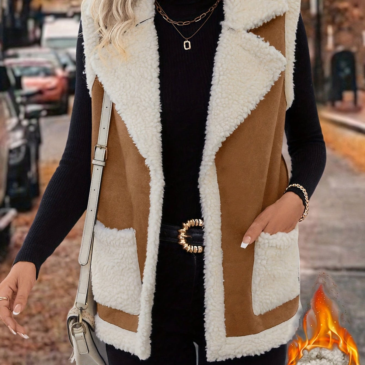 Sherpa Fleece Vest Women's Faux Suede Lapel Sleeveless Jacket with Pockets – Casual, Winter Layering