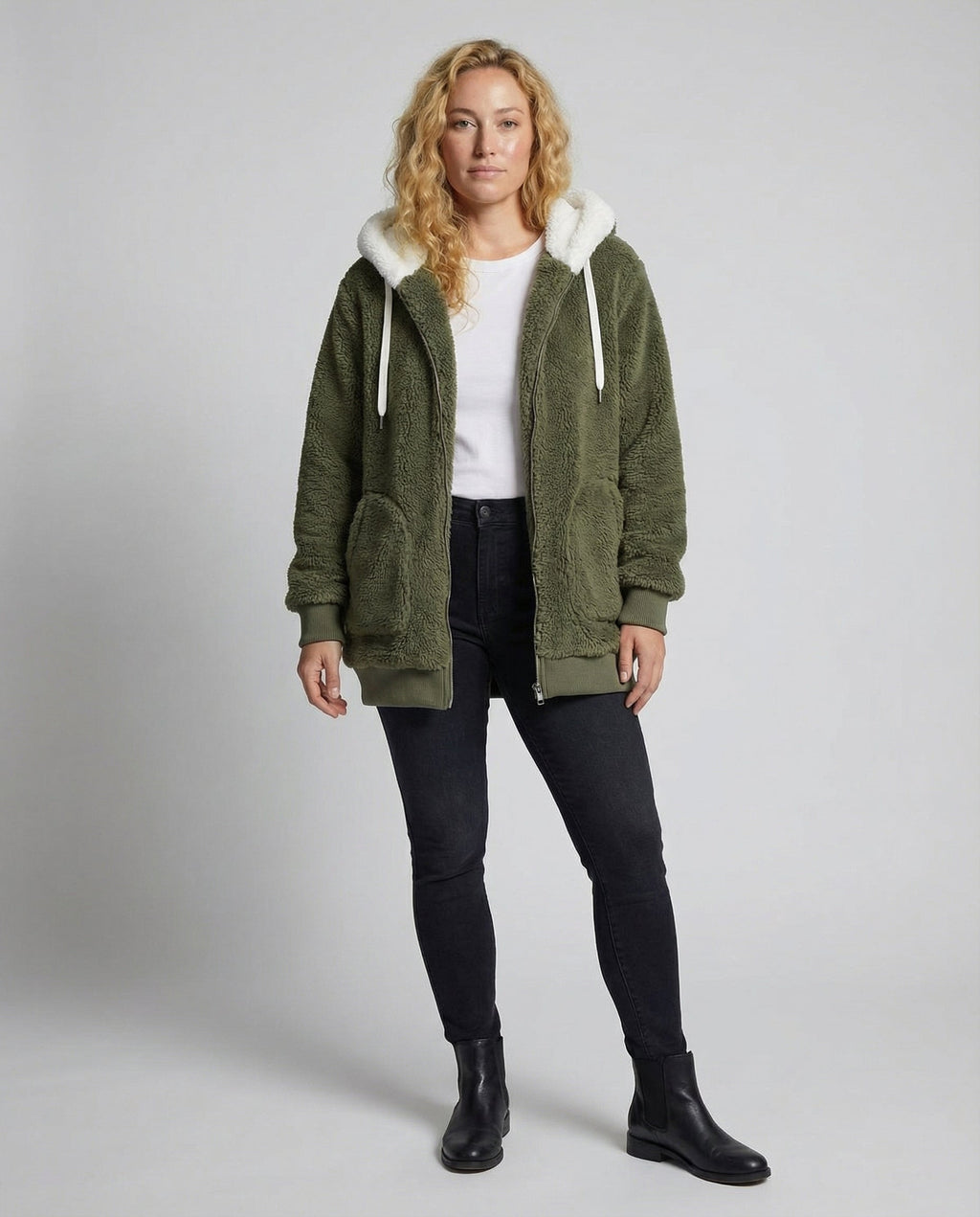 Sherpa Jacket Women's Hooded Full Zip Fleece Green with Drawstrings – Casual, Winter, Cozy Gift