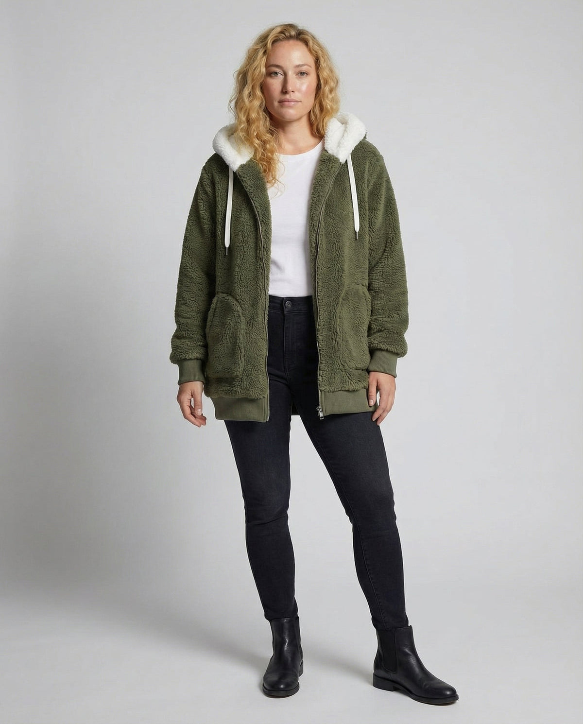 Sherpa Jacket Women's Hooded Full Zip Fleece Green with Drawstrings – Casual, Winter, Cozy Gift