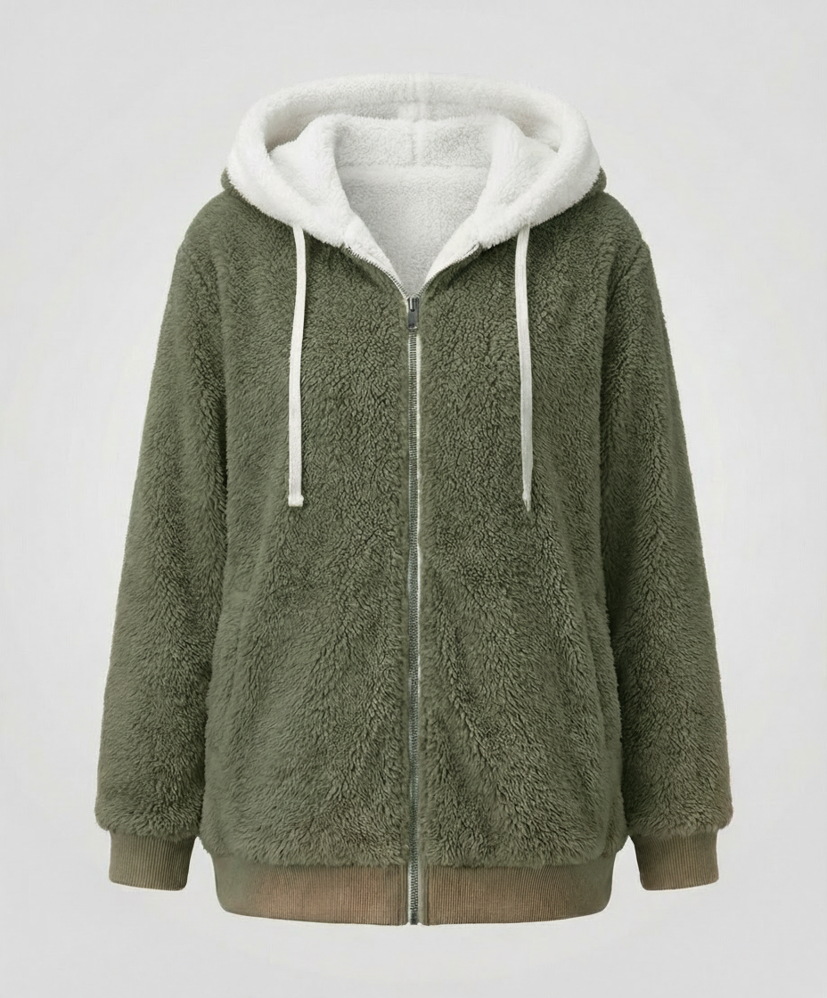 Sherpa Jacket Women's Hooded Full Zip Fleece Green with Drawstrings – Casual, Winter, Cozy Gift