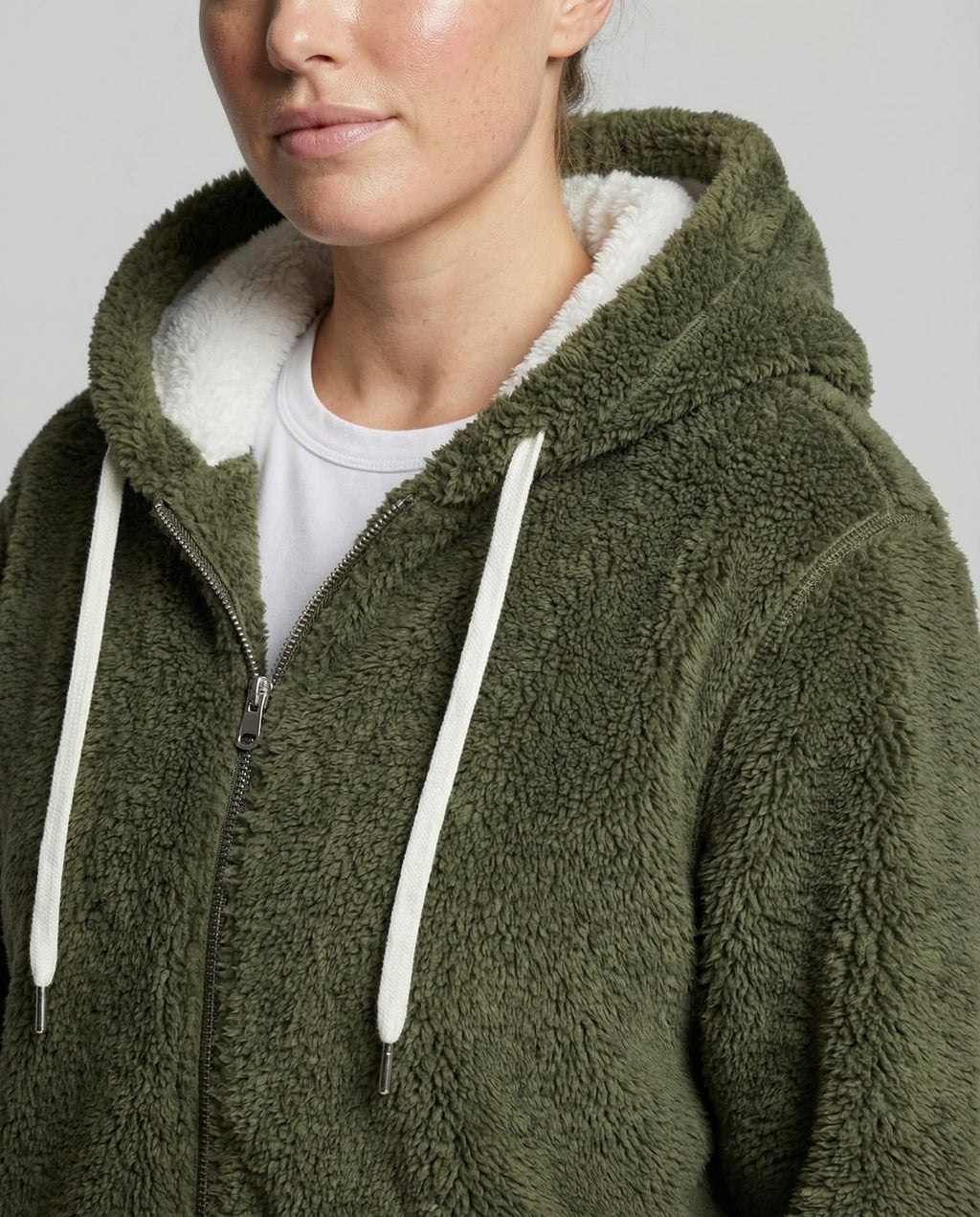 Sherpa Jacket Women's Hooded Full Zip Fleece Green with Drawstrings – Casual, Winter, Cozy Gift