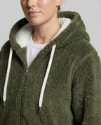 Sherpa Jacket Women's Hooded Full Zip Fleece Green with Drawstrings – Casual, Winter, Cozy Gift