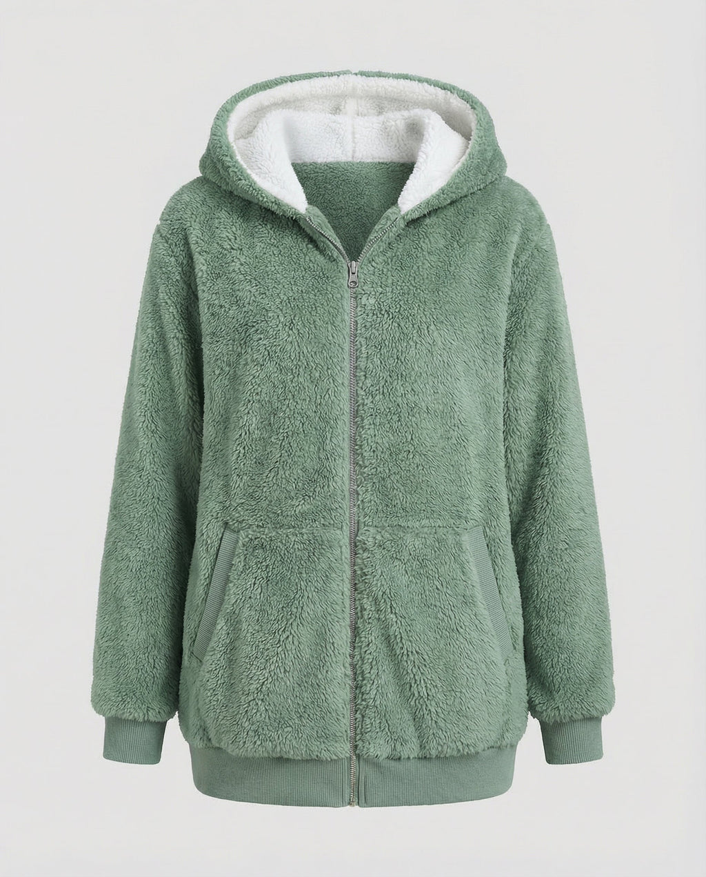 Sherpa Jacket Women's Hooded Full Zip Fleece Green with Drawstrings – Casual, Winter, Cozy Gift