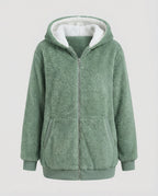 Sherpa Jacket Women's Hooded Full Zip Fleece Green with Drawstrings – Casual, Winter, Cozy Gift