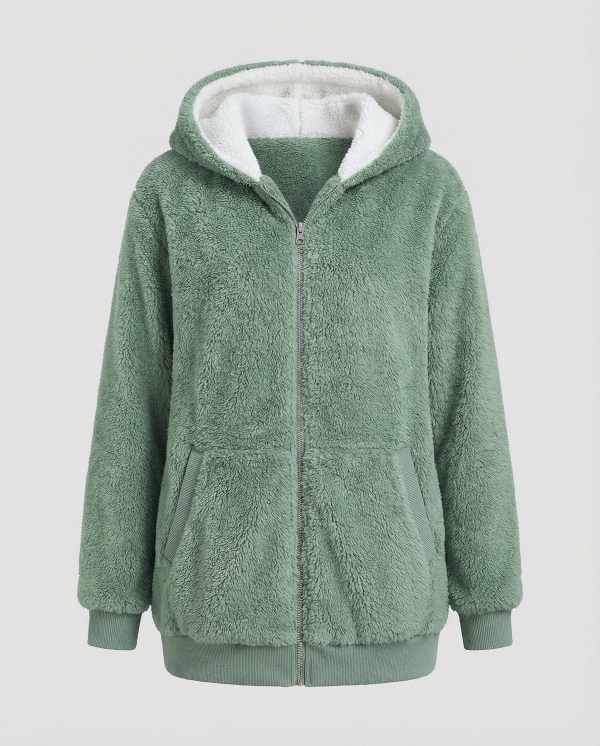 Sherpa Jacket Women's Hooded Full Zip Fleece Green with Drawstrings – Casual, Winter, Cozy Gift