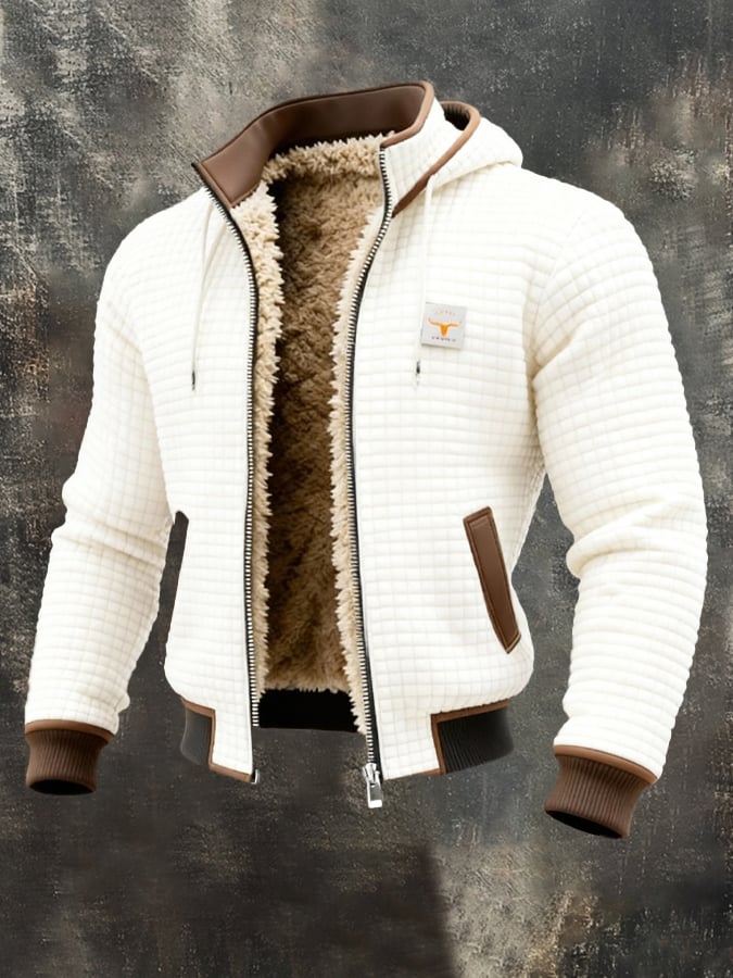 Sherpa Lined Hooded Jacket Men's Waffle Textured Full-Zip Fleece Coat – Casual, Winter, Everyday, Gift