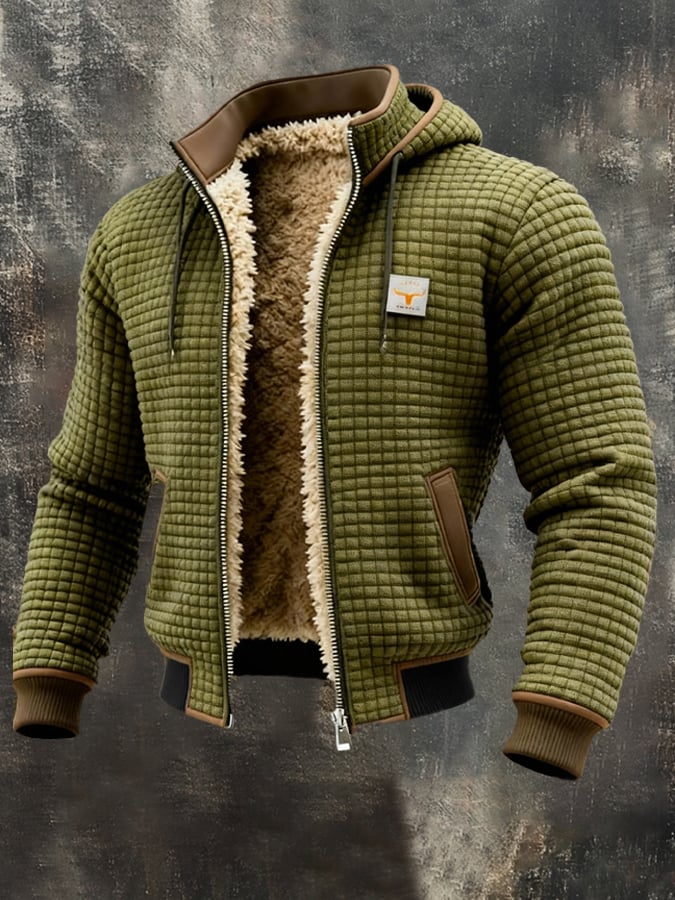 Sherpa Lined Hooded Jacket Men's Waffle Textured Full-Zip Fleece Coat – Casual, Winter, Everyday, Gift