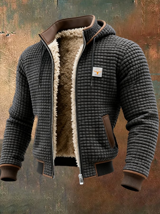 Sherpa Lined Hooded Jacket Men's Waffle Textured Full-Zip Fleece Coat – Casual, Winter, Everyday, Gift