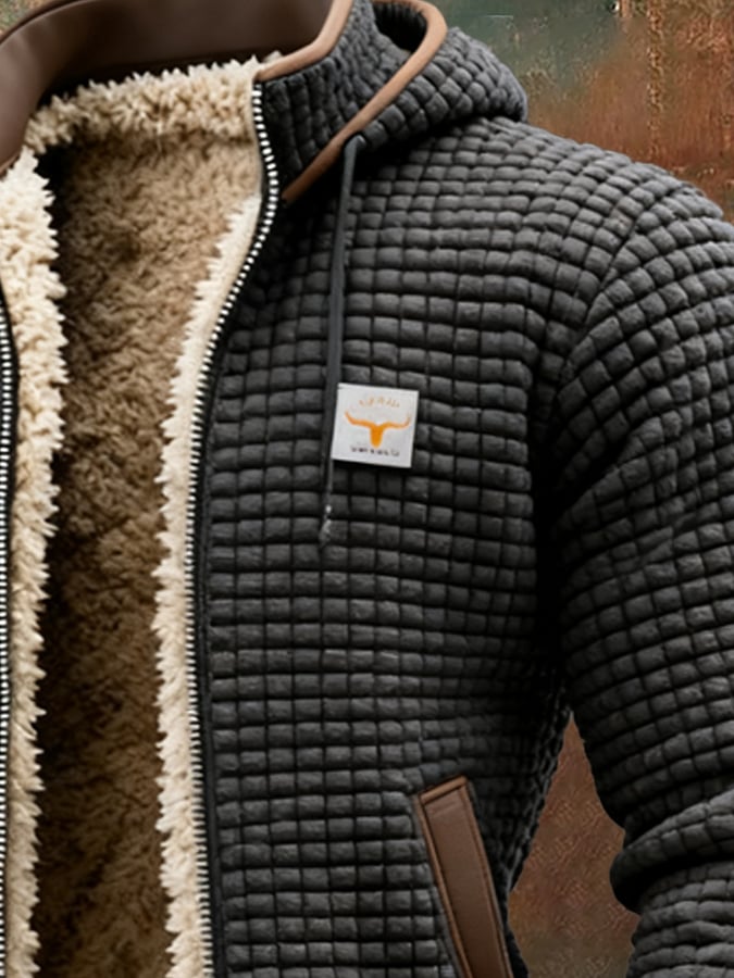 Sherpa Lined Hooded Jacket Men's Waffle Textured Full-Zip Fleece Coat – Casual, Winter, Everyday, Gift