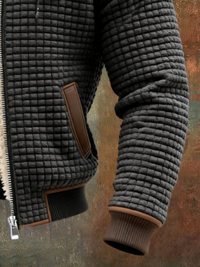 Sherpa Lined Hooded Jacket Men's Waffle Textured Full-Zip Fleece Coat – Casual, Winter, Everyday, Gift