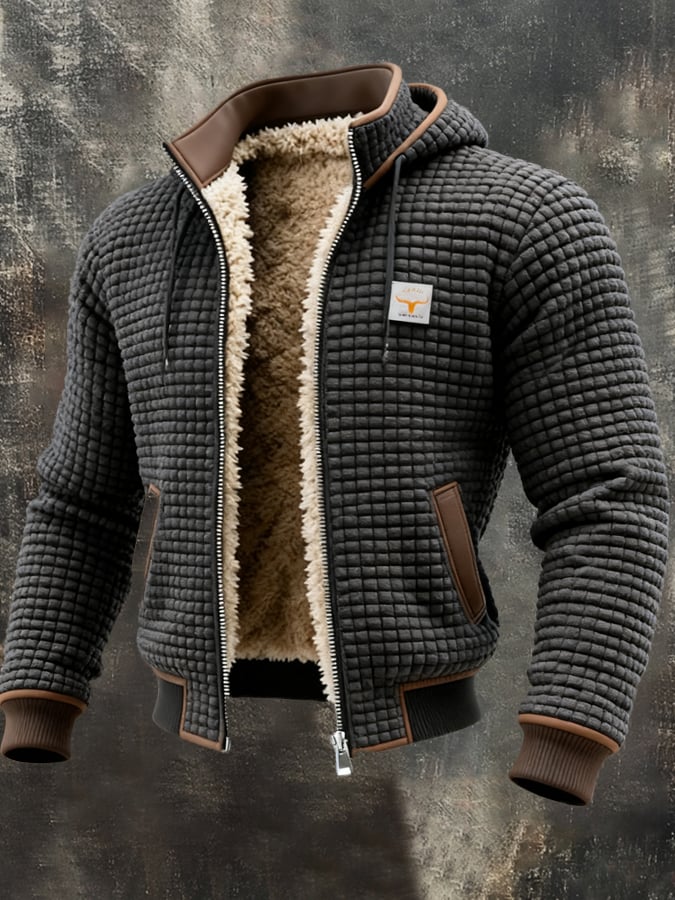 Sherpa Lined Hooded Jacket Men's Waffle Textured Full-Zip Fleece Coat – Casual, Winter, Everyday, Gift
