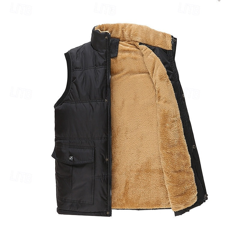 Sherpa-Lined Puffer Vest Men's Black Fleece Sleeveless Body Warmer – Casual, Winter Outdoor
