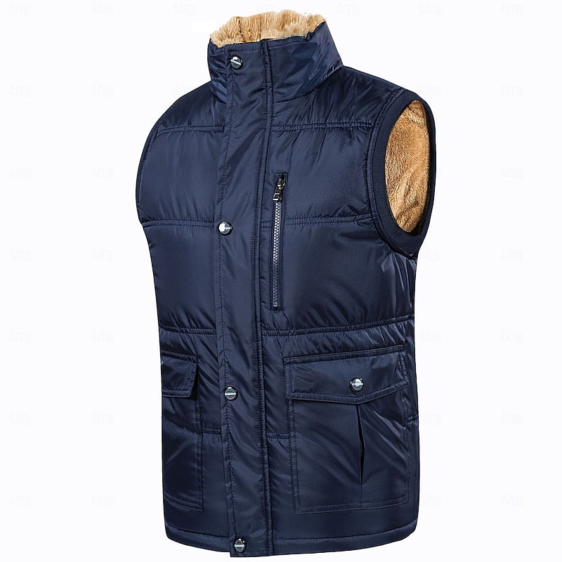 Sherpa-Lined Puffer Vest Men's Black Fleece Sleeveless Body Warmer – Casual, Winter Outdoor