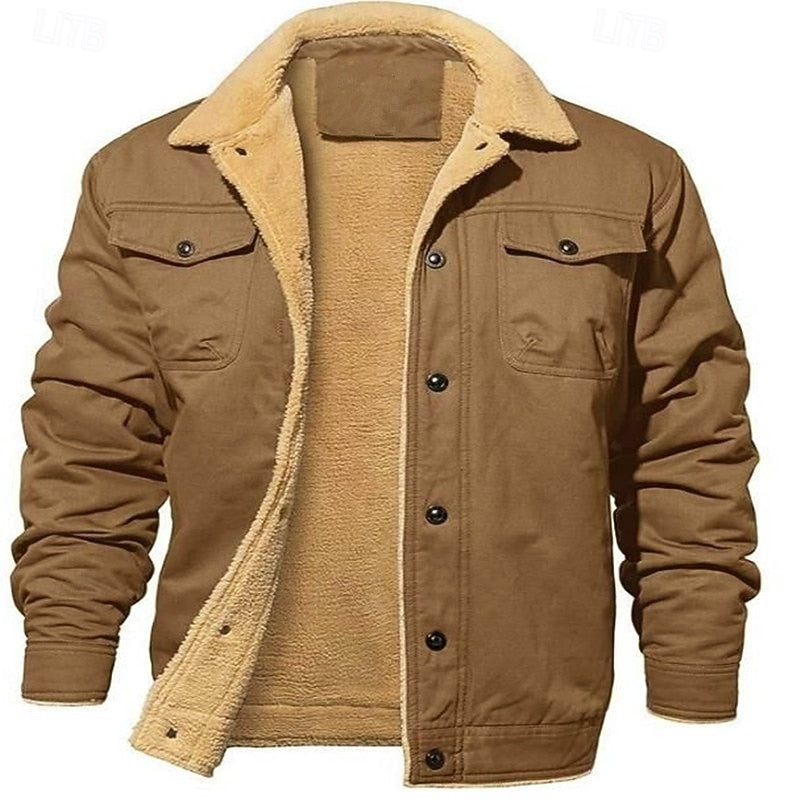 Sherpa-Lined Trucker Jacket Men's Fleece Warm Button-Up Coat – Casual, Winter Gift