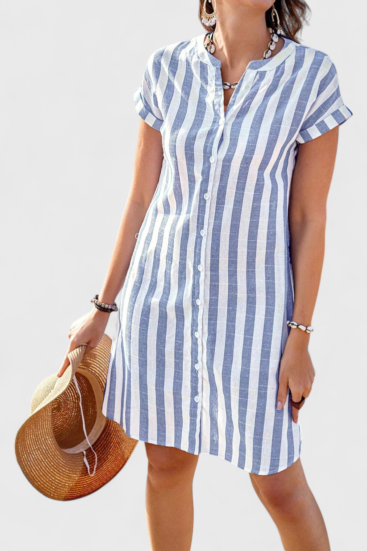 Shirt Dress Blue White Striped Button-Down Short Sleeve Women's – Casual, Beach, Summer