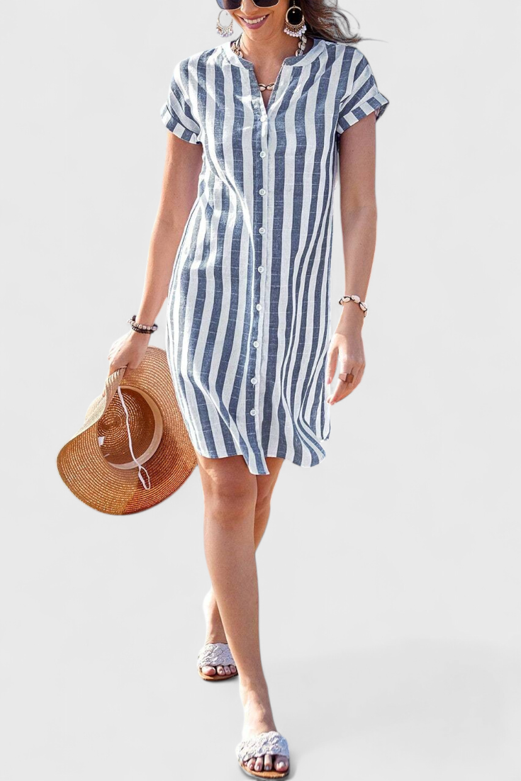 Shirt Dress Blue White Striped Button-Down Short Sleeve Women's – Casual, Beach, Summer