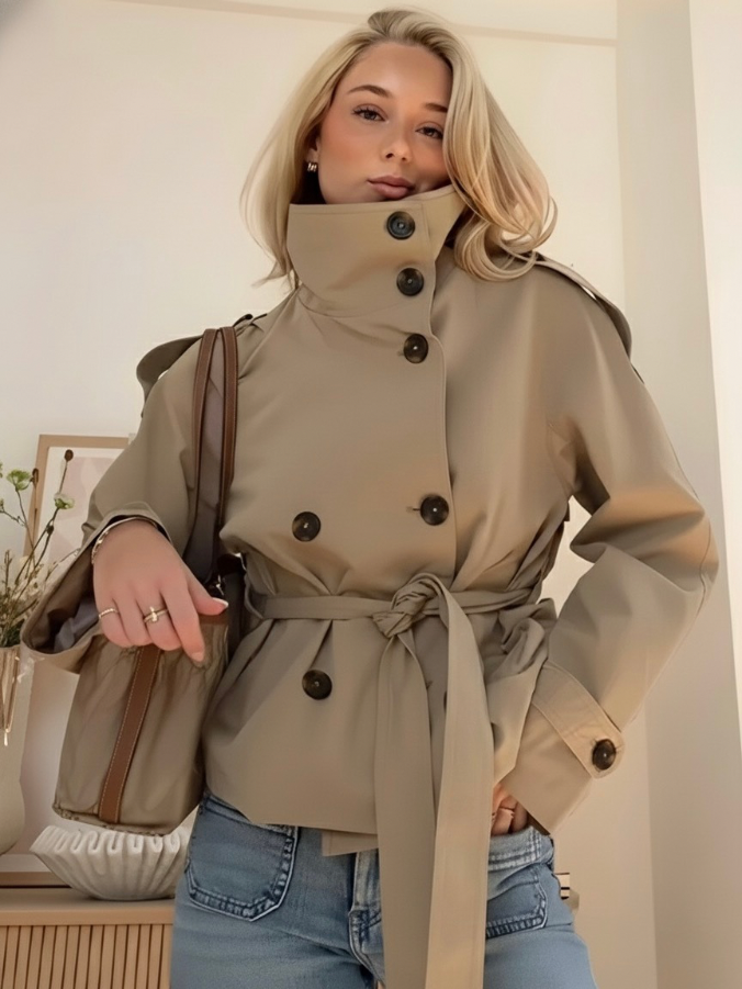 Short Trench Jacket Women's Belted Double-Breasted Stand Collar – Casual, Office, Fall Layering, Gift