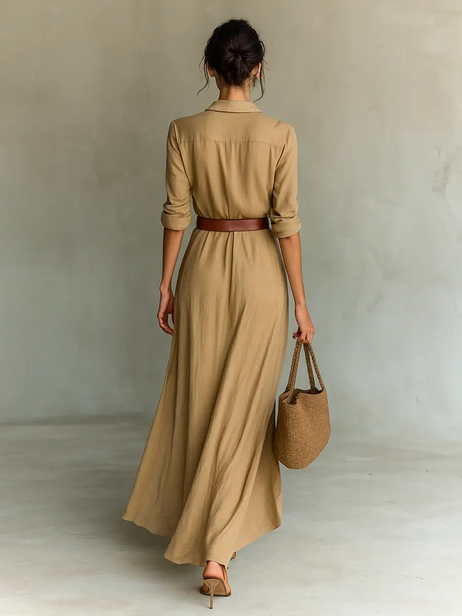 Women's Collared Maxi Dress | Belted Waist-Faylori