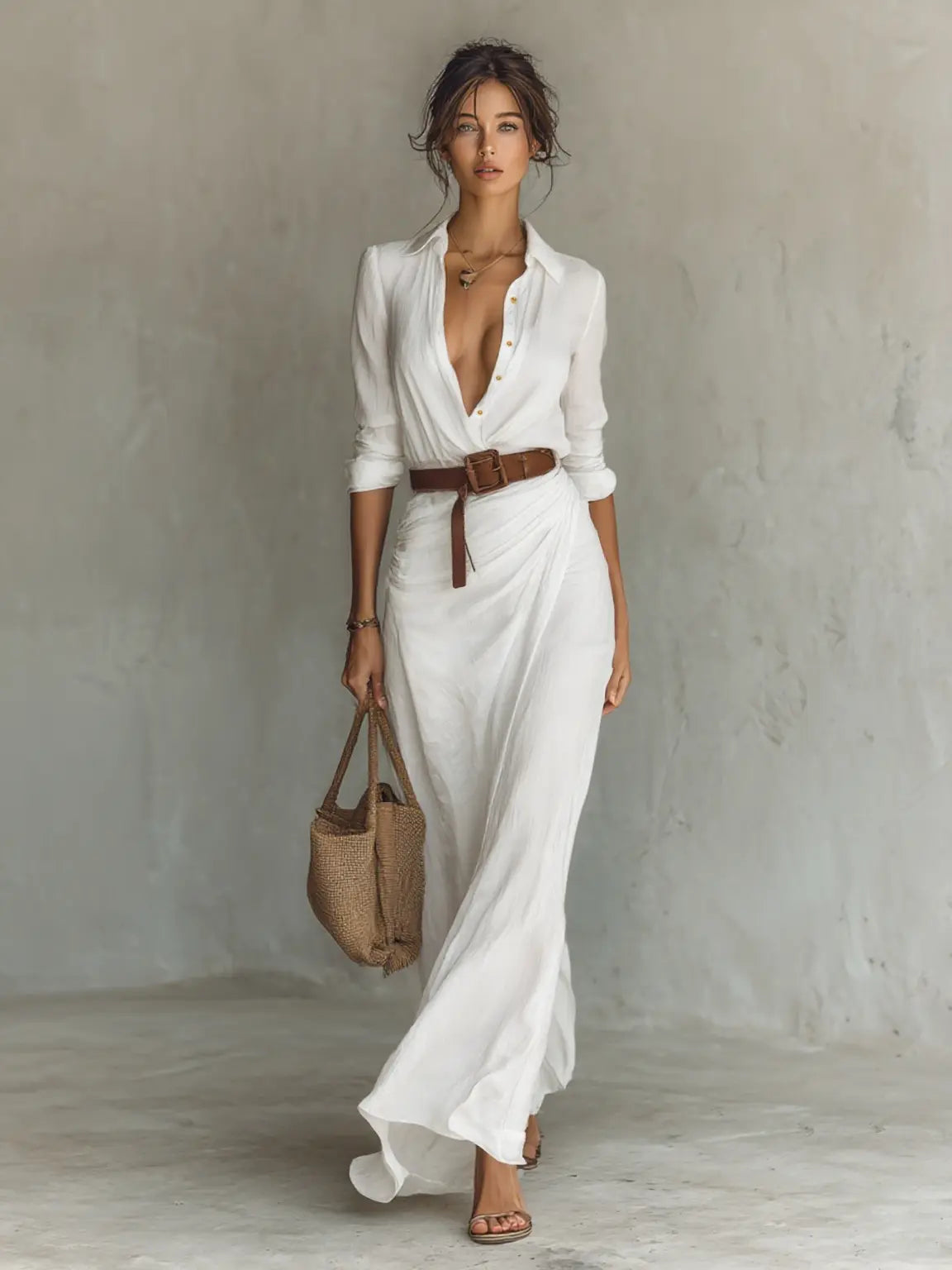 Women's Collared Maxi Dress | Belted Waist-Faylori