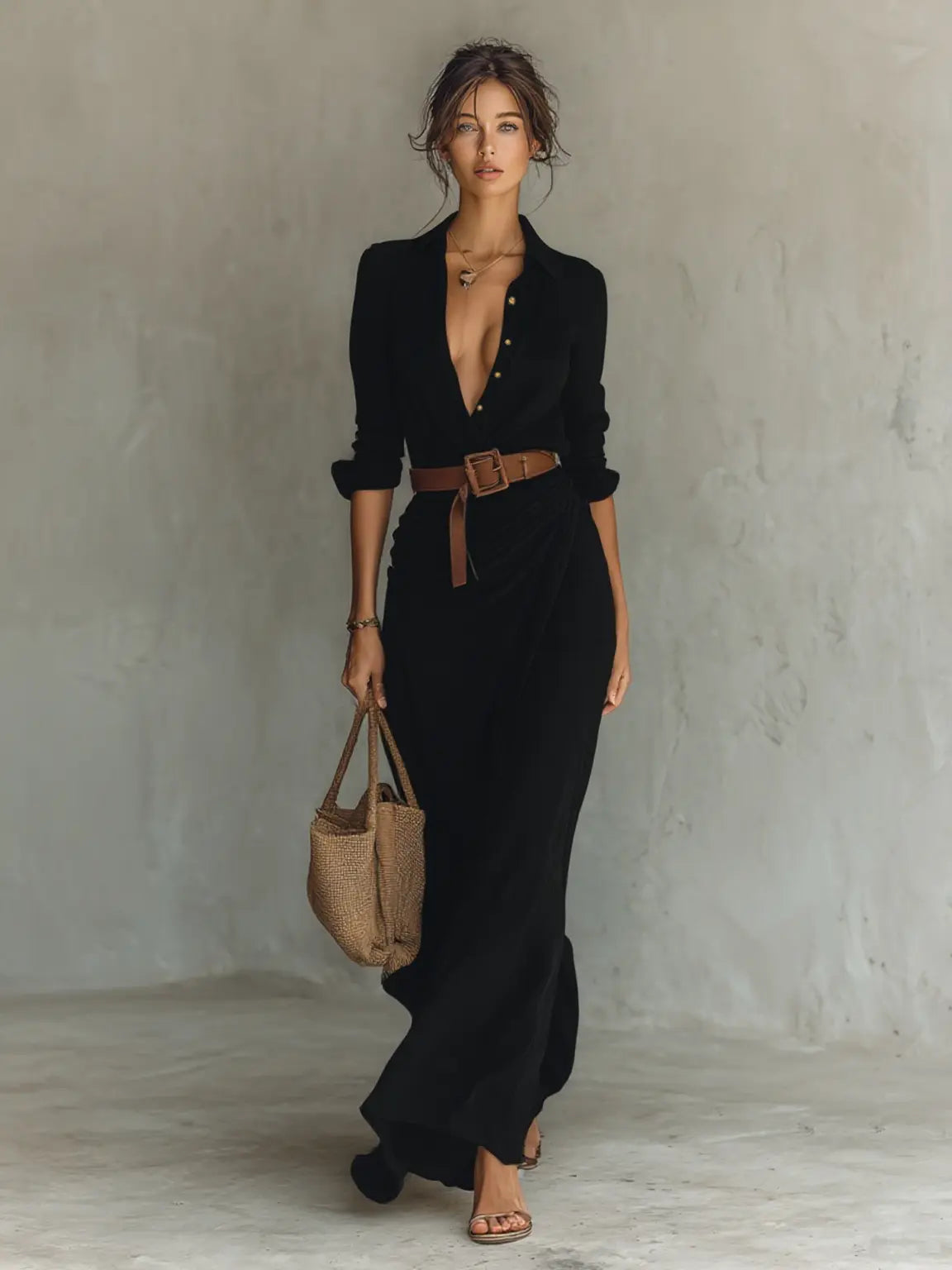 Women's Collared Maxi Dress | Belted Waist-Faylori