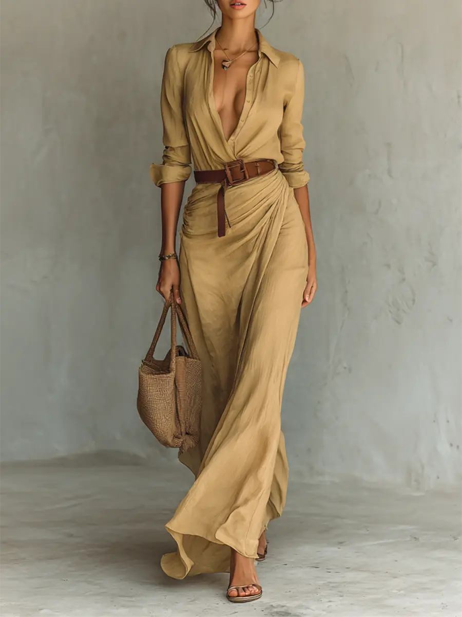 Women's Collared Maxi Dress | Belted Waist-Faylori