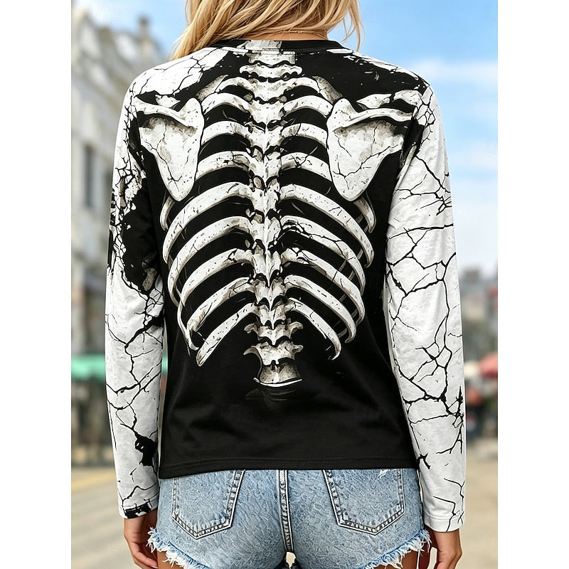 Skeleton Print Long Sleeve Top Women's Crew Neck Graphic Tee – Halloween, Casual