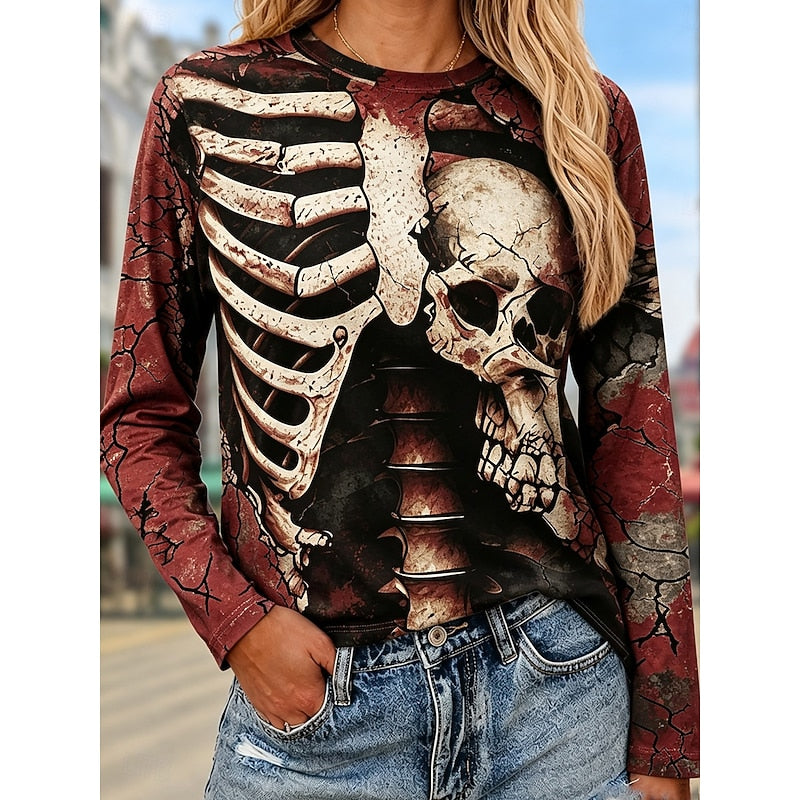 Skeleton Print Long Sleeve Top Women's Crew Neck Graphic Tee – Halloween, Casual