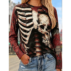 Skeleton Print Long Sleeve Top Women's Crew Neck Graphic Tee – Halloween, Casual