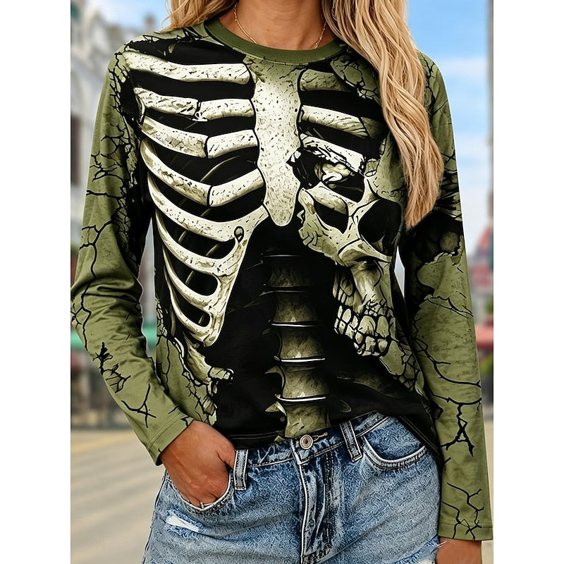 Skeleton Print Long Sleeve Top Women's Crew Neck Graphic Tee – Halloween, Casual